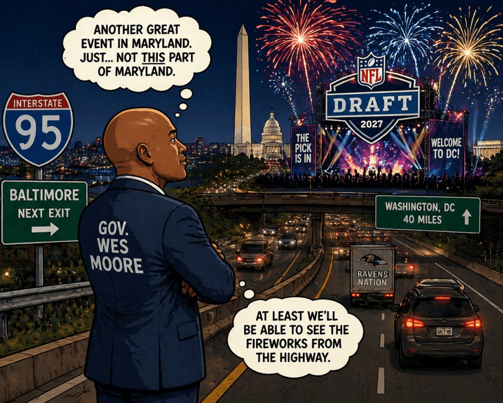 An illustration featuring a man in a suit with 'Gov. Wes Moore' on the back, observing the NFL Draft 2027 event with fireworks in the background. The scene includes highway signs for Baltimore and Washington, DC, along with traffic on the interstate.