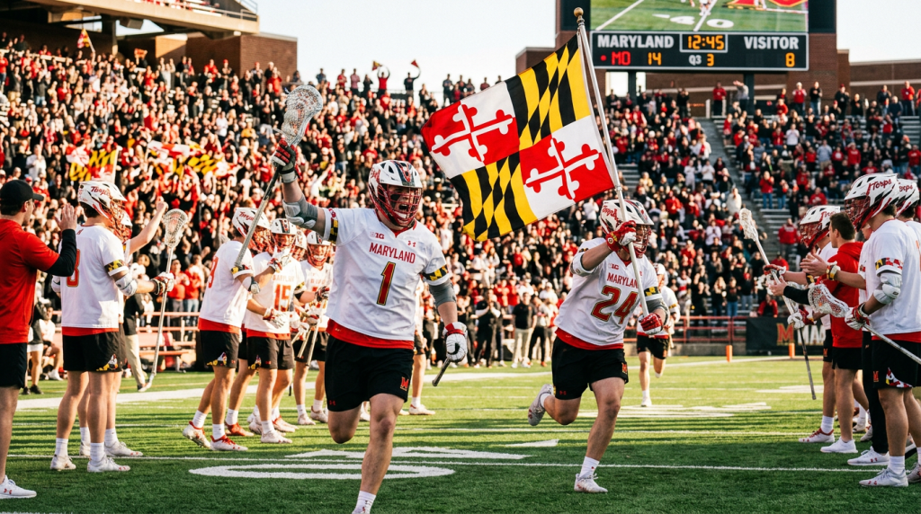 Maryland lacrosse players entering field with state flag and crowd cheering