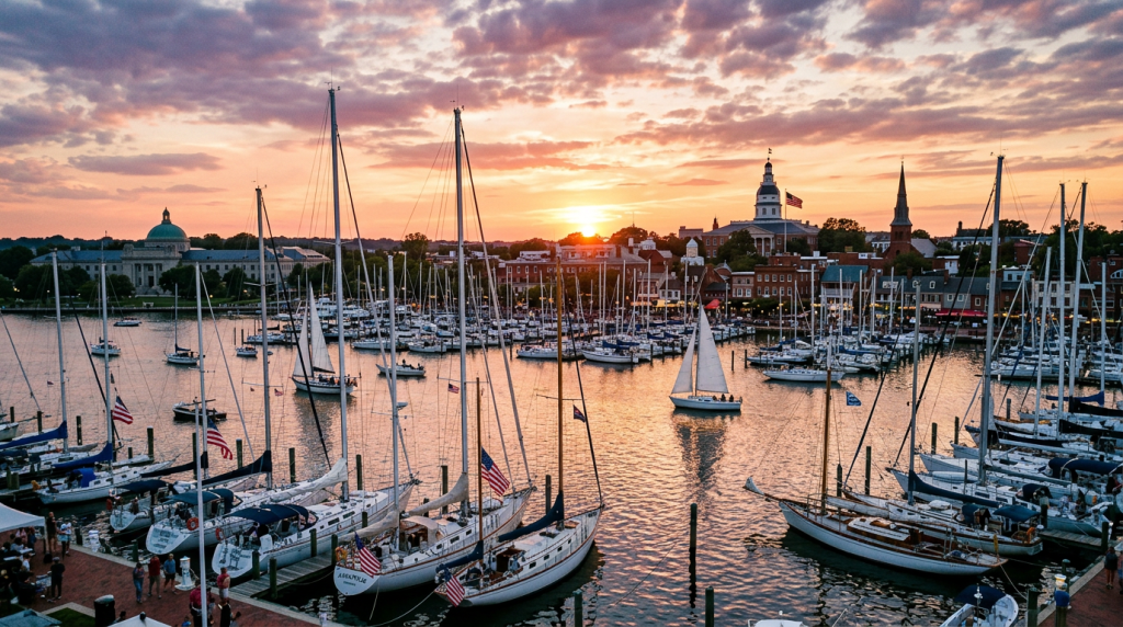 Sailboats moored in a harbor with historic buildings and a sunset sky
