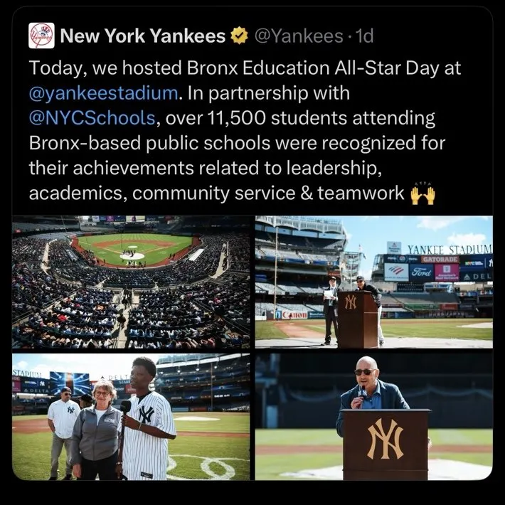 A tweet from MDBayNews with a sarcastic comment about the Orioles, referencing a Bronx Education All-Star Day event hosted by the New York Yankees at Yankee Stadium, recognizing students for leadership and teamwork. The image includes images of the stadium and the event.