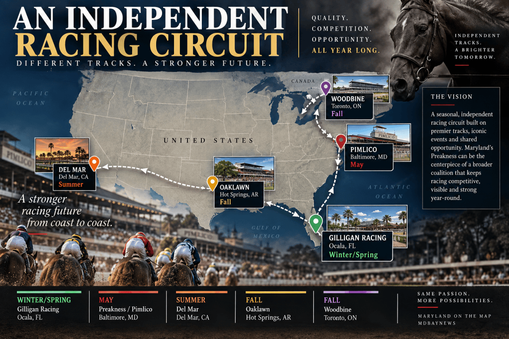 Map of an independent racing circuit in the United States, highlighting various racetracks including Del Mar, Oaklawn, Pimlico, Woodbine, and Gilligan Racing, with seasonal racing opportunities throughout the year.