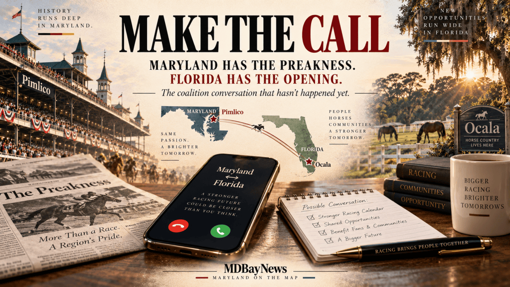 A promotional image featuring the Preakness Stakes at Pimlico in Maryland, with a phone displaying a call dialogue between Maryland and Florida. The backdrop includes imagery of horses and race tracks, emphasizing collaboration between states for a stronger racing future.