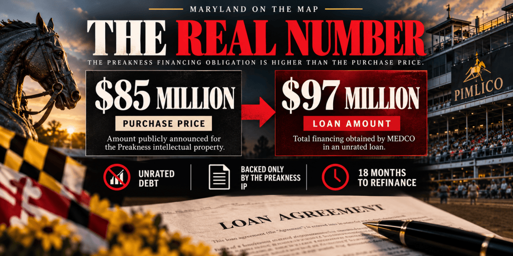 Graphic displaying financial figures related to the Preakness Stakes, highlighting a purchase price of $85 million and a loan amount of $97 million, with notes on unrated debt and refinancing terms.