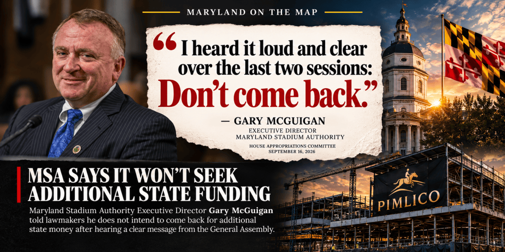 Image features Maryland Stadium Authority Executive Director Gary McGuigan speaking to lawmakers about state funding, with a backdrop of the Pimlico Race Course and Maryland's state flag.